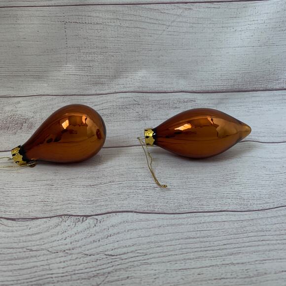 Vintage Glass Ornaments Set of 2 Brown Gold Drop Teardrop Christmas Tree - Picture 2 of 12